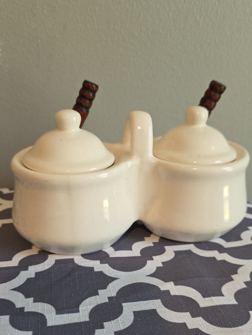 Ceramic Double Condiment Server in Cream with Wooden Spoons